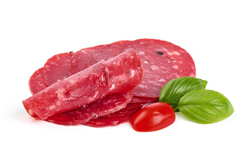 Spanish dry-cured sausage, salchichon, isolated on white background. High resolution image.