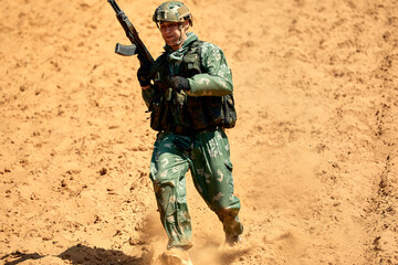 Soldiers game on military training ground, battle camp. Action. Operation Trainer giving training...