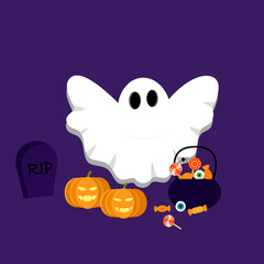 Happy Halloween, scary spooky white ghost with orange pumpkin and candy in pot at graveyard, Autumn holiday icon, vector illustration graphics on purple background