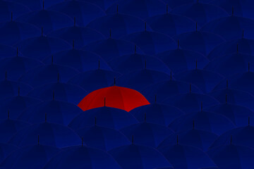 stand out from the crowd odd one out concept crowd of blue umbrellas one red umbrella standing out