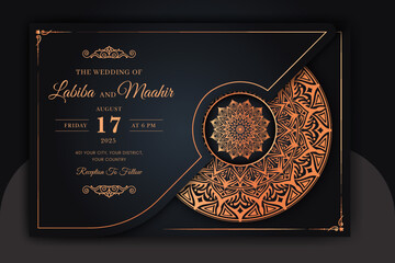 Luxury Mandala Wedding Invitation Card template with golden arabesque pattern Arabic Islamic east background style. Editable vector file. Decorative mandala for print, poster, cover, flyer, banner