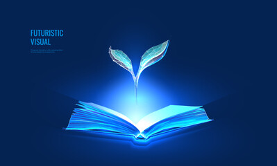 Knowledge of books concept in digital futuristic style. The sprout grows from the book the concept of wisdom. Vector illustration on dark night background with light neon effect