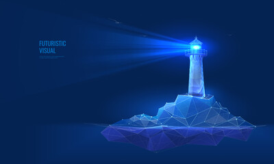 Lighthouse on the seashore in digital futuristic style. Light effect as a guide to the sea. Night landscape of rocky coast with building, vector illustration - obrazy, fototapety, plakaty