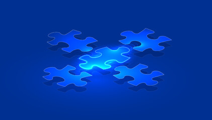 Puzzle in a digital futuristic style. Leadership concept, a piece of the puzzle is highlighted. Vector illustration on a dark night background with light effect.