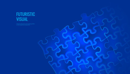 Puzzle background in digital futuristic style. The silhouettes of the puzzle pieces are combined into a pattern. Vector illustration on a blue background.