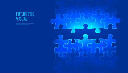 Puzzle background in digital futuristic style. The silhouettes of the puzzle pieces are combined into a pattern. Vector illustration on a blue background.