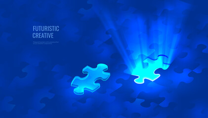 Puzzle in a digital futuristic style. Problem-solving concept or strategy, a puzzle to be assembled. Vector illustration on dark night background with light effect - obrazy, fototapety, plakaty