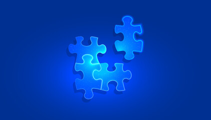 Digital puzzle in a futuristic style with a glowing effect. The strategy consists of parts of a puzzle. Combining parts to achieve a result or challenge. Vector illustration on a light blue background