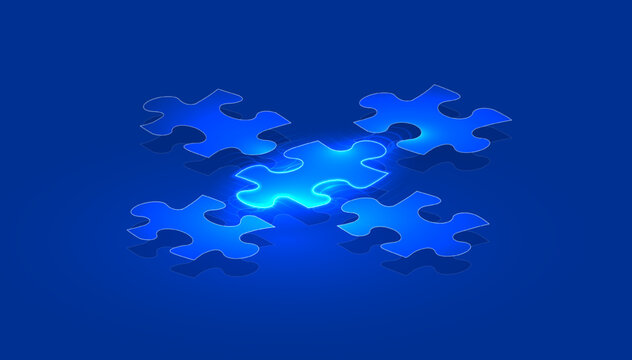 Puzzle in a digital futuristic style. Leadership concept, a piece of the puzzle is highlighted. Vector illustration on a dark night background with light effect.