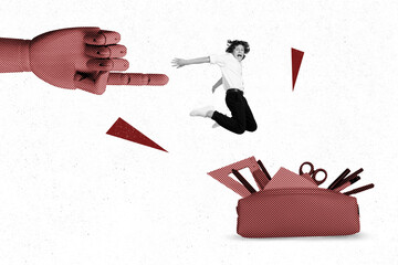 Collage artwork graphics picture of shocked funky fake hand arm pointing small kid study supplies isolated painting background