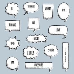 collection set of blank  black and white hand drawing speech bubble balloon, think speak talk text box, banner, flat vector illustration design