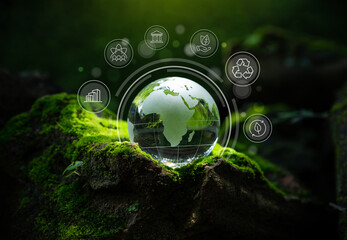Crystal globe putting on moss, ESG icon for Environment Social and Governance, World sustainable...