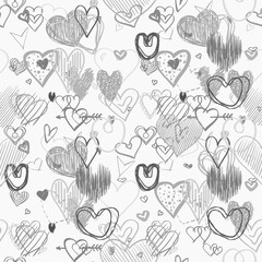 Hand drawn background with hearts. Seamless grungy wallpaper on surface. Chaotic texture with many love signs. Lovely pattern. Line art. Black and white illustration for design
