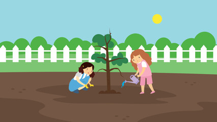 Obraz na płótnie Canvas Two girls watering a tree seedling
