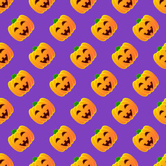 Halloween pumpkin seamless pattern. Colorful halloween pumpkin lanterns on purple background. Halloween background with funny face pumpkin. Design for print wrapping paper, fabric. Vector illustration