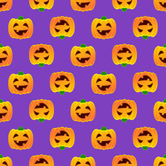 Halloween pumpkin seamless pattern. Colorful halloween pumpkin lanterns on purple background. Halloween background with funny face pumpkin. Design for print wrapping paper, fabric. Vector illustration