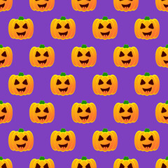 Halloween pumpkin seamless pattern. Colorful halloween pumpkin lanterns on purple background. Halloween background with funny face pumpkin. Design for print wrapping paper, fabric. Vector illustration