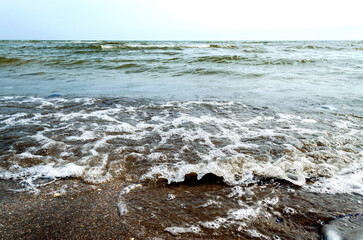 Fototapeta premium sea waves and foam rolling onto the sandy shore