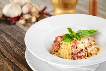 Tasty cooked one dish meal on white plate