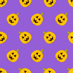 Halloween pumpkins seamless pattern. Halloween pumpkin lanterns on purple background. Halloween background. Jack-o'-lantern. Design for print wrapping paper, fabric, wallpaper. Vector illustration