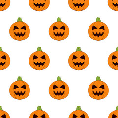 Halloween pumpkins seamless pattern. Halloween pumpkin lanterns on white background. Halloween background. Jack-o'-lantern. Design for print wrapping paper, fabric, wallpaper. Vector illustration