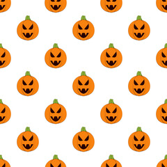 Halloween pumpkins seamless pattern. Halloween pumpkin lanterns on white background. Halloween background. Jack-o'-lantern. Design for print wrapping paper, fabric, wallpaper. Vector illustration