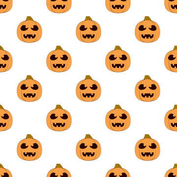 Halloween pumpkins seamless pattern. Halloween pumpkin lanterns on white background. Halloween background. Jack-o'-lantern. Design for print wrapping paper, fabric, wallpaper. Vector illustration