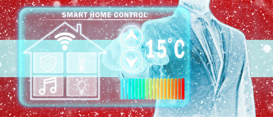 Frozen citizen of Austria adjusting heating temperature on a virtual screen of smart home...