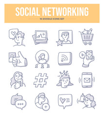 Social networking and online communication. People using social media to connect with friends. Set of doodle icons in linear style