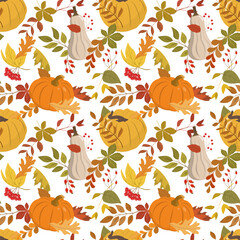 Vector autumn seamless pattern with orange, beige, and yellow pumpkins, forest leaves, and red berries. Isolated on white background. Autumn harvest illustration. Thanksgiving wallpaper.