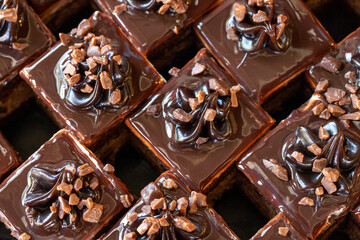 Chocolate tartlet. Small chocolate cake, fresh out of the oven, in a tray. close up