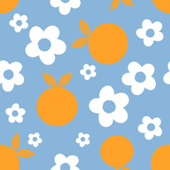 Seamless pattern with daisy flower and orange fruit on blue background vector.
