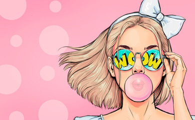 Fashionable girl with a stylish haircut inflates a chewing gum has amazed expression. Pop Art wow woman in glasses 