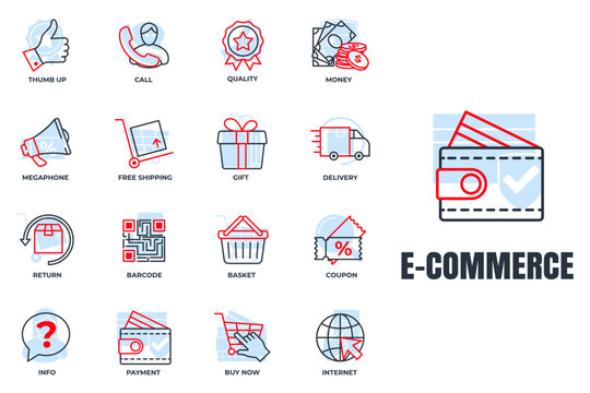 Set of E-commerce icon logo vector illustration. basket, megaphone, return, gift, quality, delivery truck and more pack symbol template for graphic and web design collection