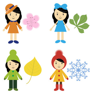 four girls with different season symbols on white background cartoon 