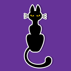 Sticker of a black cat with yellow eyes on a purple background. Halloween image. Vector illustration.