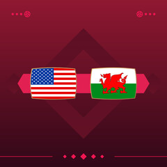 usa, wales world football 2022 match versus on red background. vector illustration - obrazy, fototapety, plakaty