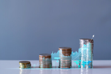 Row of coins for business background, money savings and accounts, bank finance. business concept...