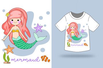 mermaid cartoon trendy stylish t shirt graphic design vector illustration