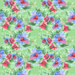 Seamless pattern with elegant flowers, small blue and pink flowers, leaves on a light green field. floral print