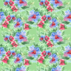 Fotobehang Seamless pattern with elegant flowers, small blue and pink flowers, leaves on a light green field. floral print © Natasha Parfe