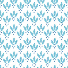 Seamless pattern with elegant blue leaves and dots, small blue leaves on a white background floral print