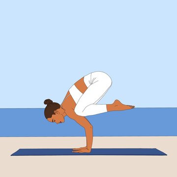 Crow Pose / Bakasana. Stretching flexible woman practicing doing yoga asana sitting on mat in nature. The cartoon painting illustration of person on seaside background.