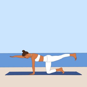 recommend clip art: Sunbird Pose / Chakravakasana. Stretching flexible woman practicing doing yoga asana on mat in nature. The cartoon painting illustration poster of person on seaside background.