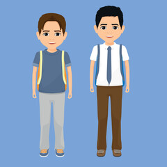 two male students... a peer student with a school bag on his back and in his hand