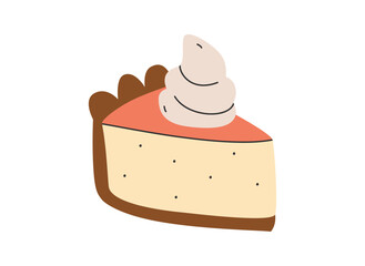 Hand drawn cute cartoon illustration of pumpkin pie with whipped cream. Flat vector Halloween and Thanksgiving sticker in simple colored doodle style. Fall or autumn food icon or print. Isolated.