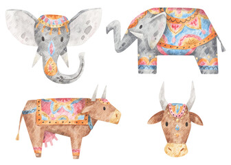 Watercolor illustrations in Indian style of elephants and cows. Hand-drawn set of holy animals of India.