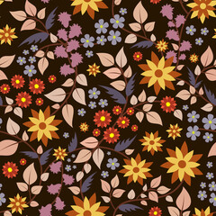 Seamless floral pattern with elements of different flowers and leaves on a dark isolated background. Floral retro background for fabric design, wallpaper, packaging.