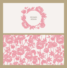 Sample decor for a letter. Label and seamless pattern. Flowers peony greeting card template in minimal line art style.