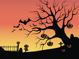Halloween tree with colorful flat background